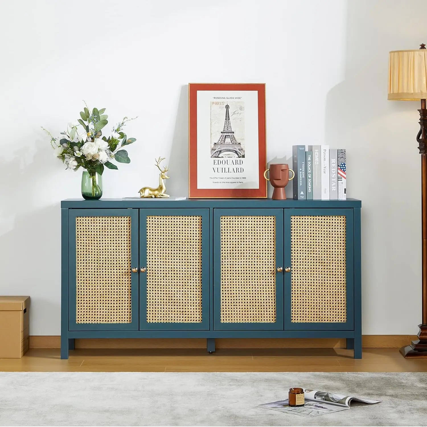 

Буферный шкаф-буфет из ротанга, шкаф для хранения с 4 дверцами из ротанга, современный шкаф для хранения, консольный столик