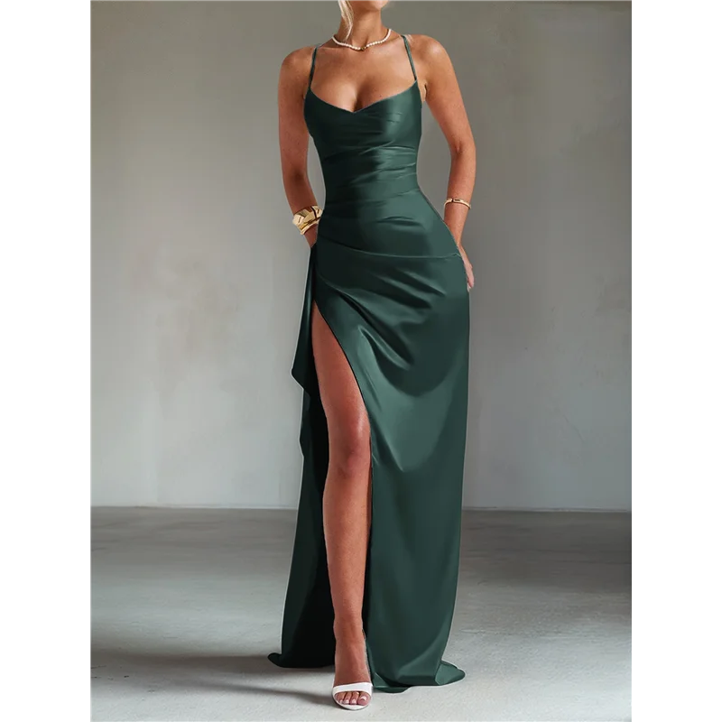 ABRT-Women's Ruffled Satin Spaghetti Strap Ball Gown Bridesmaid Dress Long