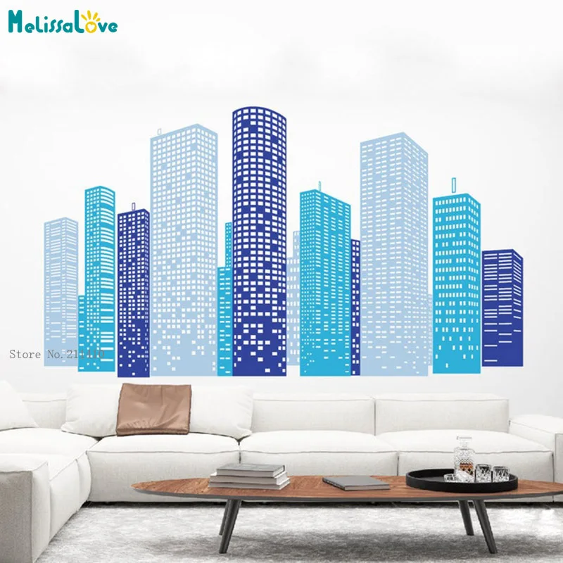 City Skyline Wall Decal Geometric Buildings Silhouettes Removable Vinyl Stickers Removable Custom Colors YT6648