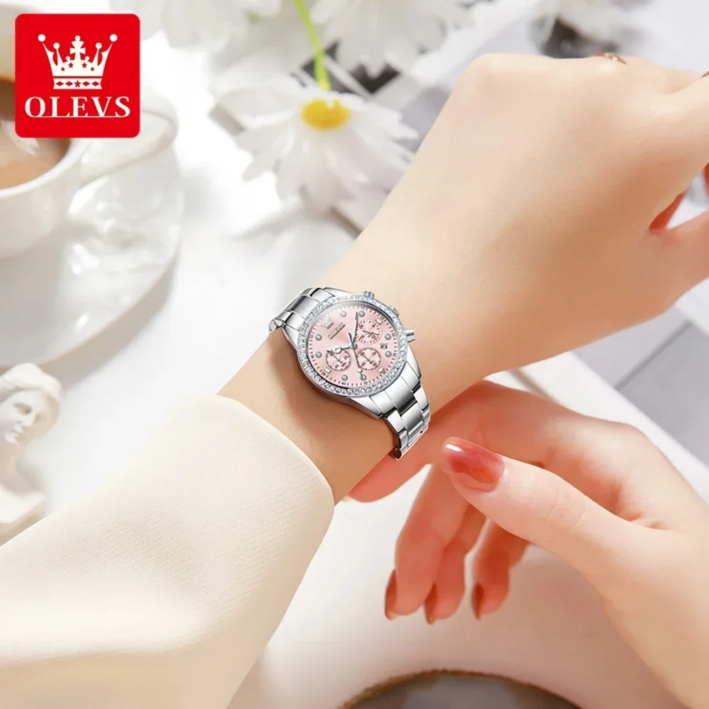 OLEVS Luxury Brand Women\'s Watches Diamond Stainless Steel Ladies Gifts Quartz Wristwatch Waterproof Chronograph Watch for Women