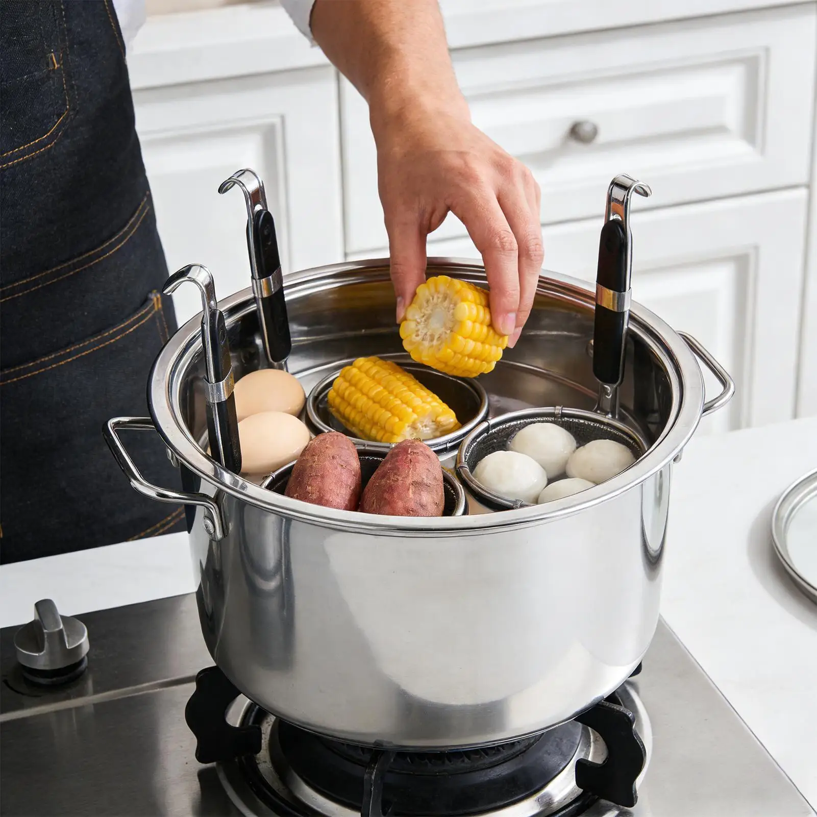 Stainless Steel Cooker Insert Set with Strainer Baskets Multipots Cooking Tool for Noodles Pasta Dumplings