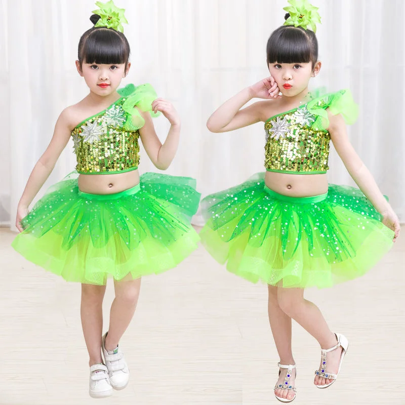 Children's performance clothing, kindergarten dance performance clothing, small grass green jazz sequins, cute