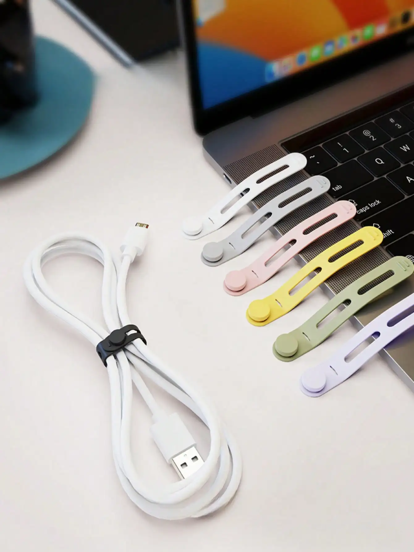 

5pcs Soft Silicone Colorful Cable Ties, Multi-Purpose Wire Management Straps, Data Cable Organizer, Food Bag Drawstring, Elastic Silicone Tie Wraps