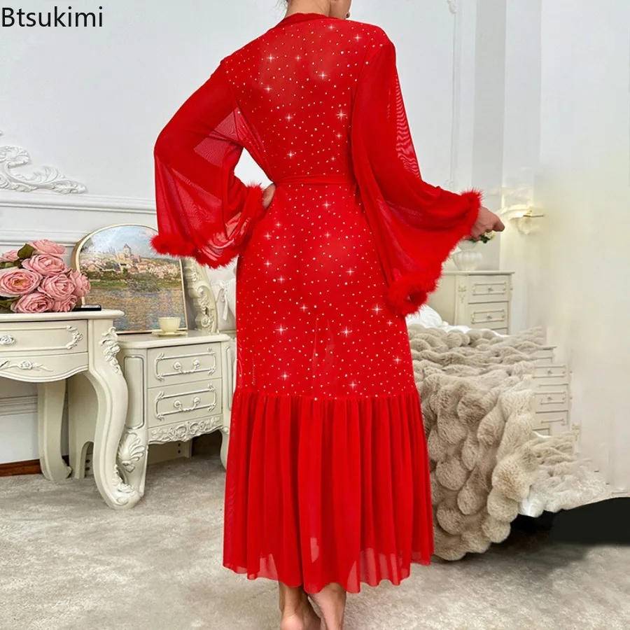 New 2026 Spring Women's Evening Gown Dress Pajamas Red V-neck Long Sleeve Fluffy Sequined Nightgown Home Clothes Robes for Women