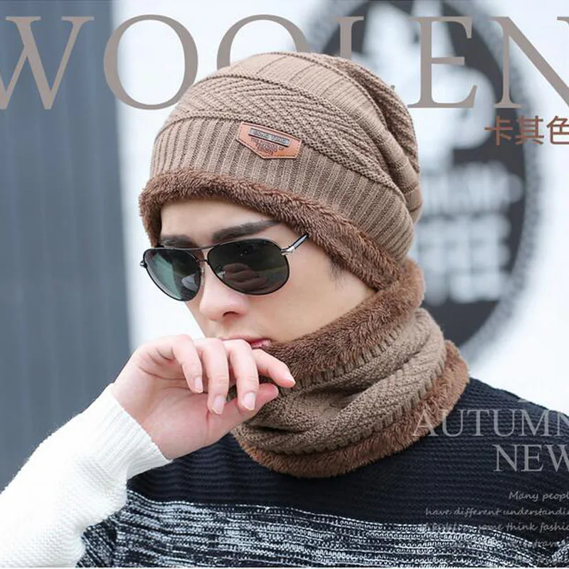 Unisex Winter Outdoor Thick Beanie Hat Knitted Hat Winter Cap Beanie Female Wool Neck Scarf Cap Balaclava Mask Bonnet Hats Set