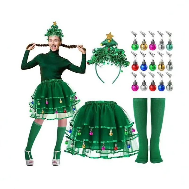 Women Christmas Tree Cosplay Costume Set Green Tutu Skirt Headband Socks With Clamp Ball Accessories For Xmas Party Fancy Outfit