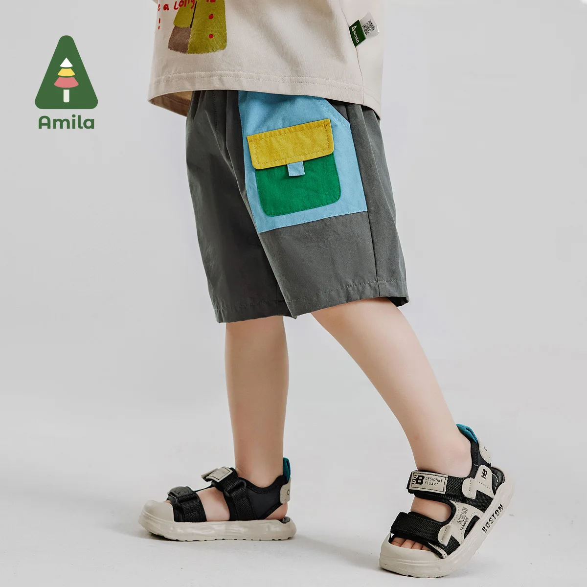 Amila Baby Bottom Summer 2024 New Color Contrast Patchwork Overalls Loose Version Sports Unbound Children's Clothing 0-6Y