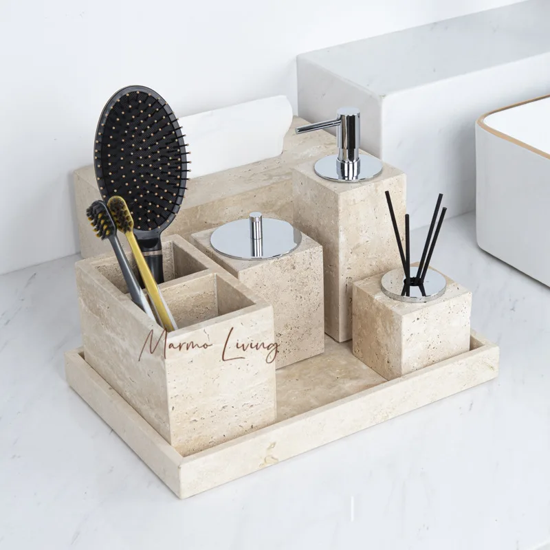 100% Real Marble Tray Saop Dispenser Yellow Travertine Stone Bathroom Set Hotel Villa Decor Tray Tissue Box