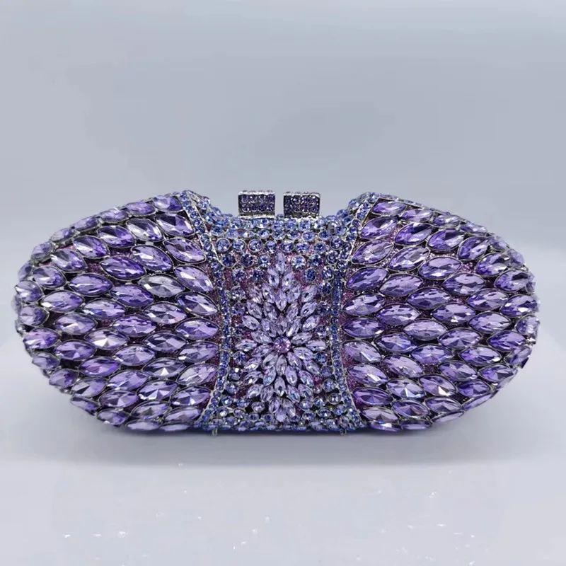 

New Style Woman Purple Champagne Clutch Purse Gala Bridal Crystal Wedding Party Dinner Evening Bag Hollow Diamond Handbag