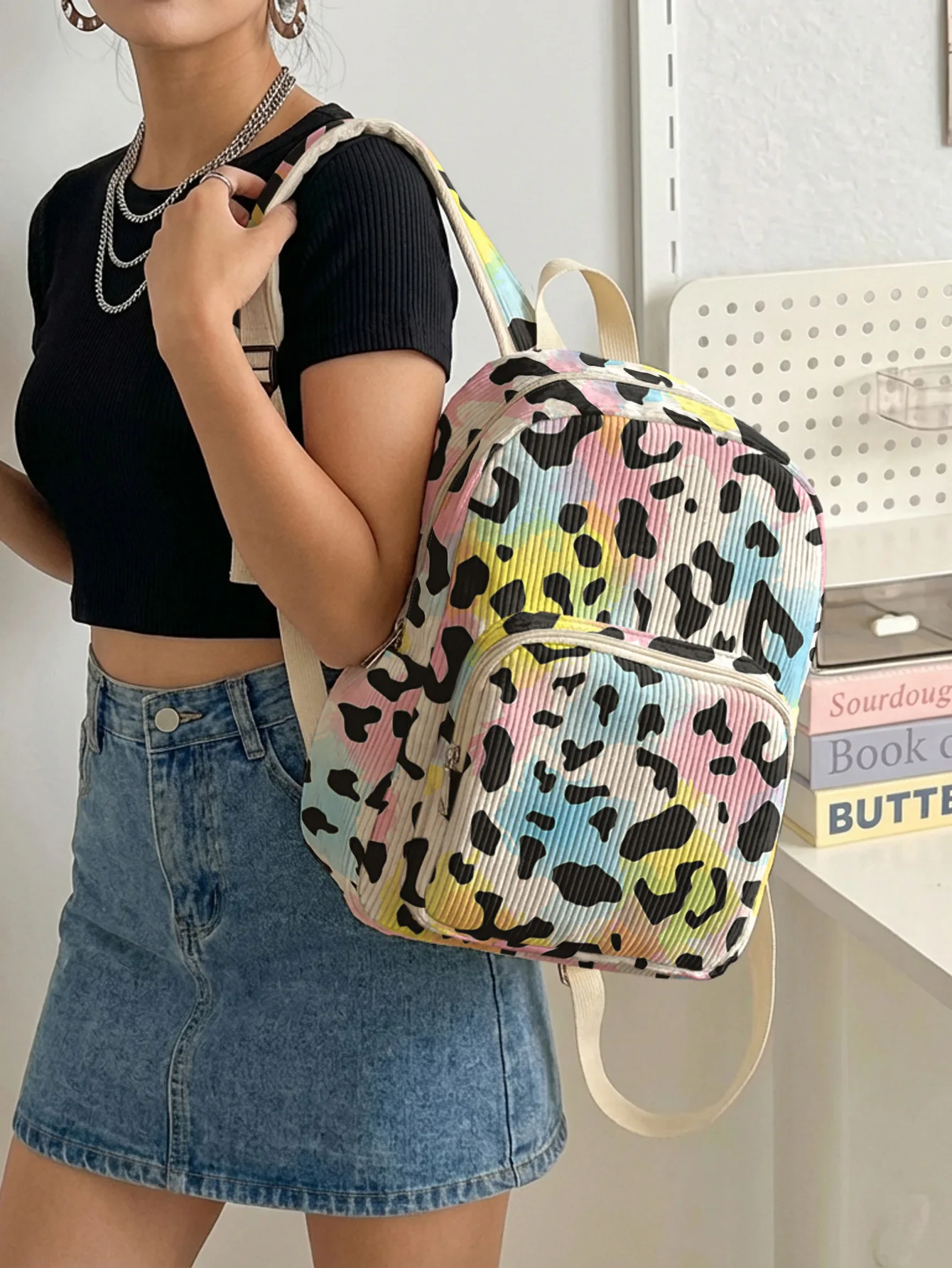 Pastel Rainbow Multicolor Leopard Print Backpack Corduroy Multi-pocket Large Capacity School Travel Daily Backpack