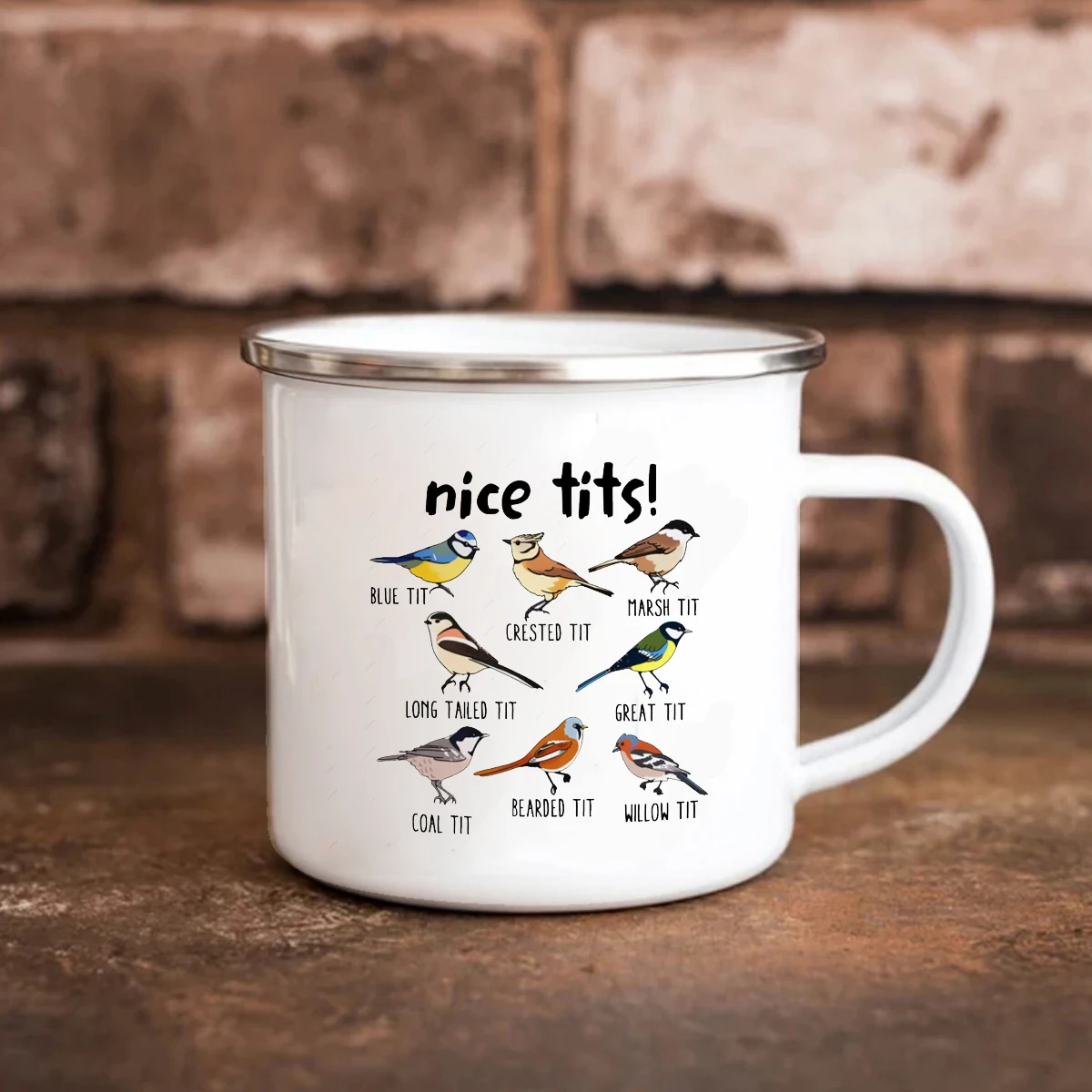 Nice Tits Enamel Camping Mug 12oz Home Tea Cup,Birds lover Friends Birthday Gift Coffee Mug