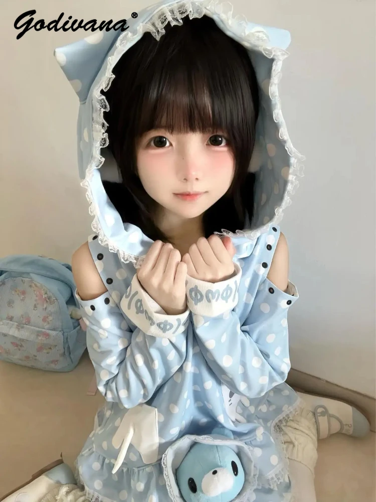

Cat Ear Polka Dot Kaomoji Print Hooded Sweatshirt Dress New Spring Female Girls Subculture Kawaii Daughter Clothes Long Hoodies