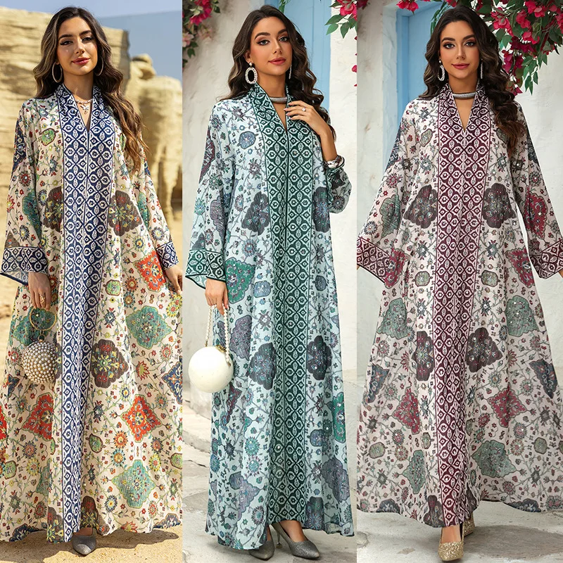 

2025 Summer Middle East Dubai Robes Muslim Women Chiffon Printing Long Sleeves Cardigan Elegant Arabic Lady Clothing Abaya