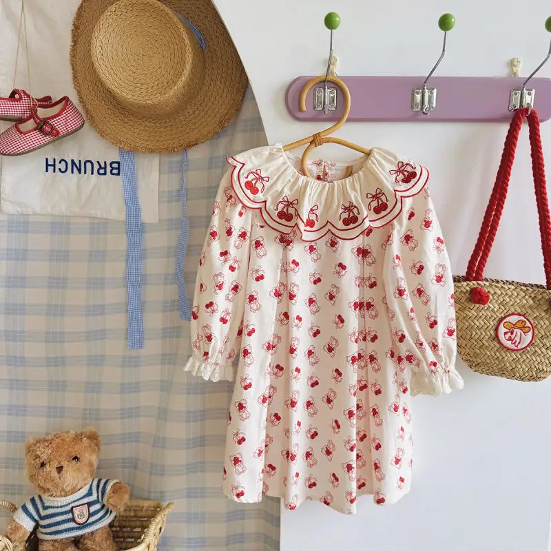 spring autumn girl dress embroidery cute little bear cherry sweet Lotus leaf collar long sleeves princess dress birthday gift
