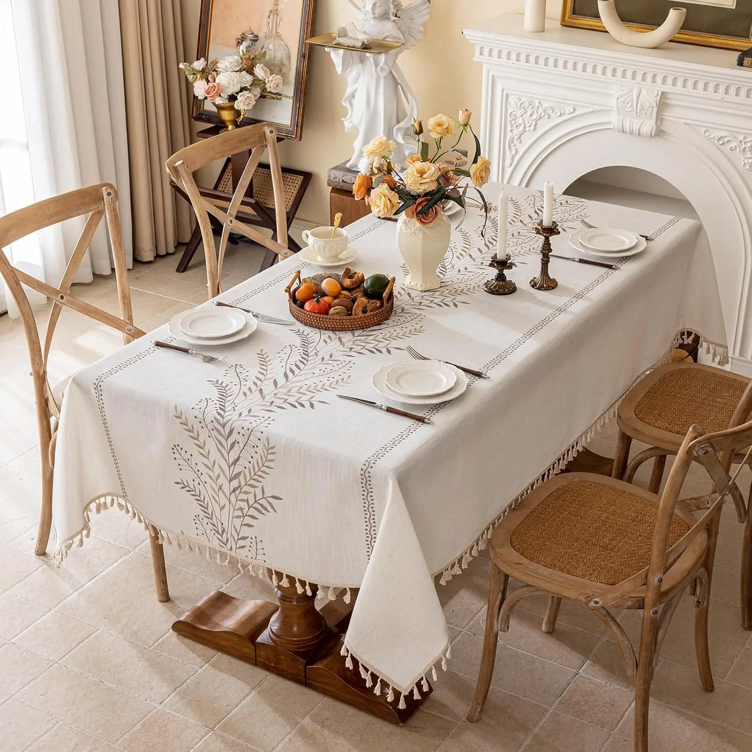 Rustic Cotton Linen Tablecloth, Heavy Weigh Embroidery Table Cloth for Rectangle, Farmhouse Spill-Proof Table Cover with Tassels