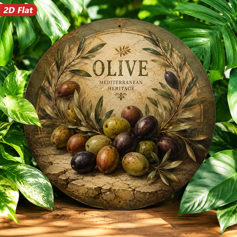 2D Flat, 1pc Olive Heritage Round Metal Sign Wall Art, Olive Mediterranean Heritage Text, Home Decor, Rustic Olive Branch Wreath