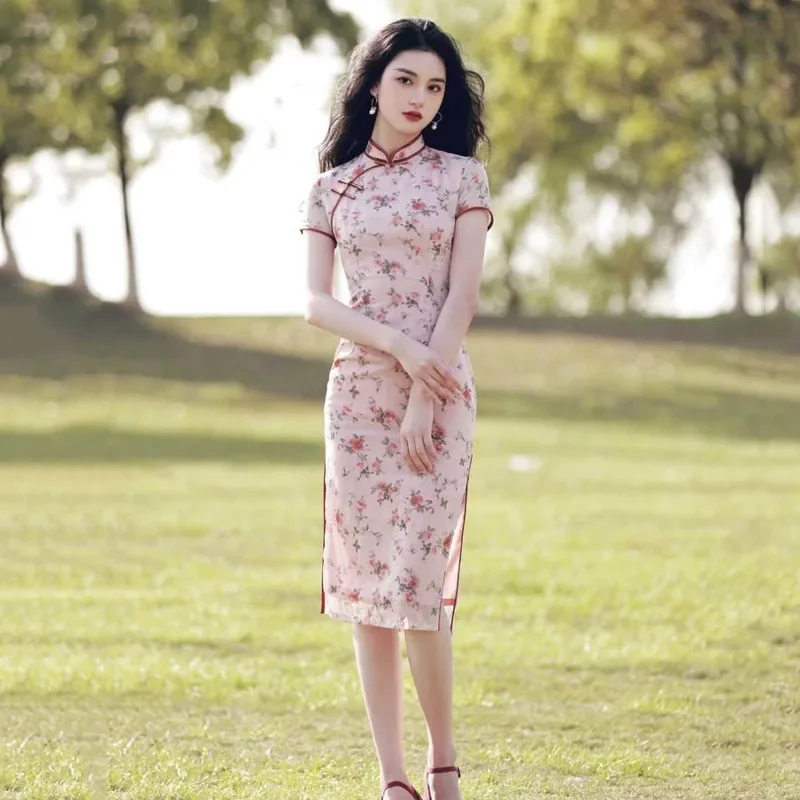 

Summer New Floral Girl Cheongsam Elegant Midi Vintage Traditional Dress Slim Chinese Ethnic Style Fashion Women Modern Qipao
