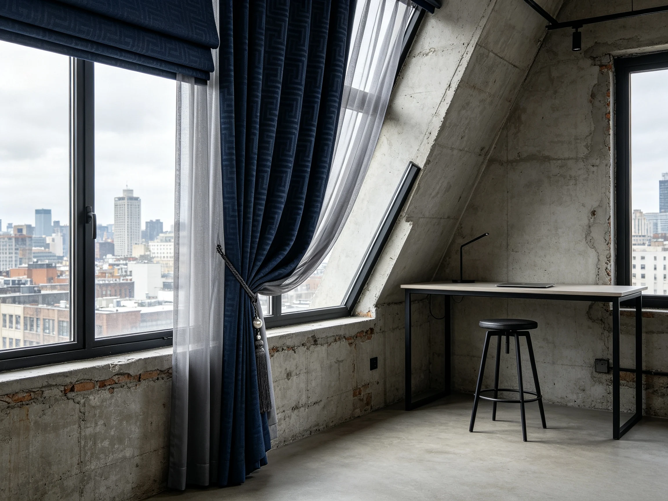 200239   Urban Loft | Deep Sea Army Blue Geometric Pattern Electric Roman Curtain+Silver Grey Yarn Curtain
