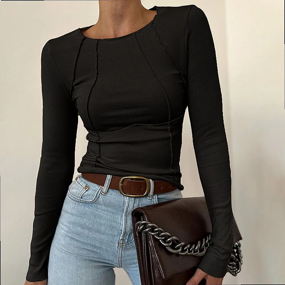 Solid Color Bust Split Long Sleeve T Shirt Tee Tops Women Spring Summer Blouse