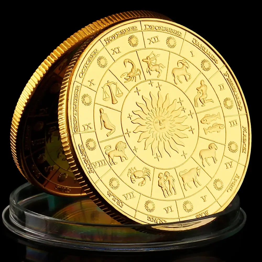 The Twelve Constellations Souvenir Coins Golden Plated Pisces Tarot Wishing Sun God Commemorative Gift