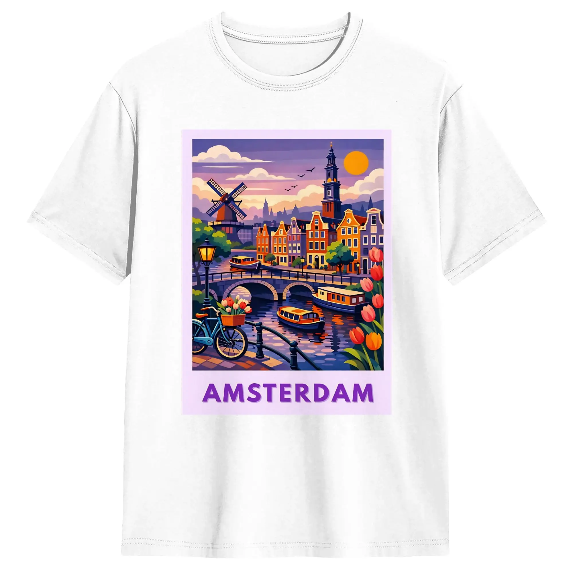 Amsterdam at Sunset Postcard T Shirts Men's  Cotton Leisure T-Shirts Round Neck  Tees Short Sleeve Clothing Birthday Present