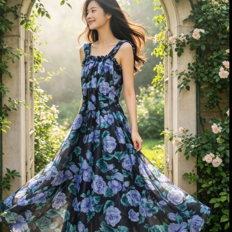 Couple's Ultra Thin Smooth Silky Printed Large Swing Suspender Skirt Soft Glossy Plus Size Sissy Sleeveless Large Swing Skirt