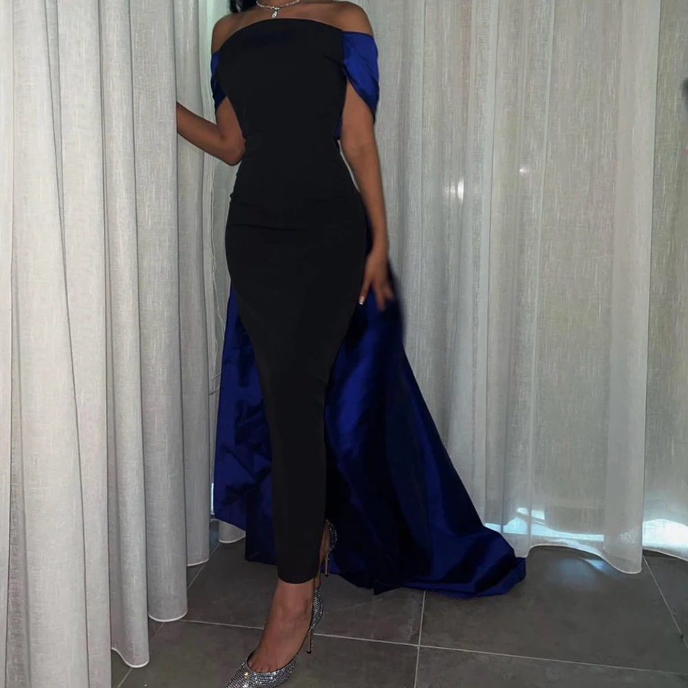 

Customized Yipeisha Fashion Black Satin Evening Dresses Off the Shoulder With Sweep Train Draped Sheath Ankle Length Formal Page