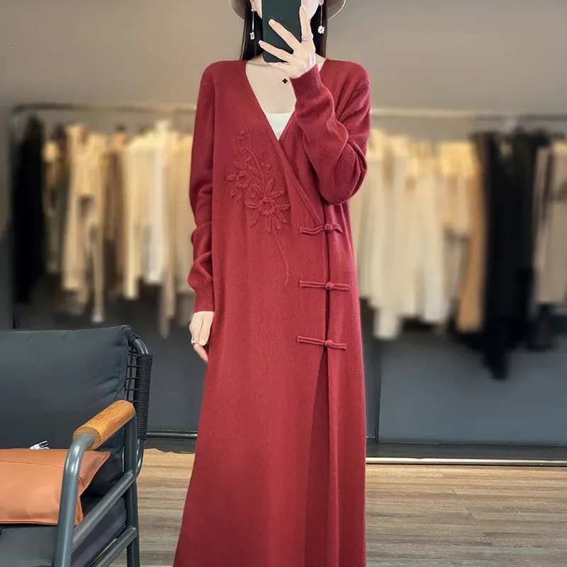 Women's Long Cashmere Sweater V-Neck Knit Cardigan Loose Fit Coat with Wool Skirt Embroidery Lazy Wind Casual Elegant Style