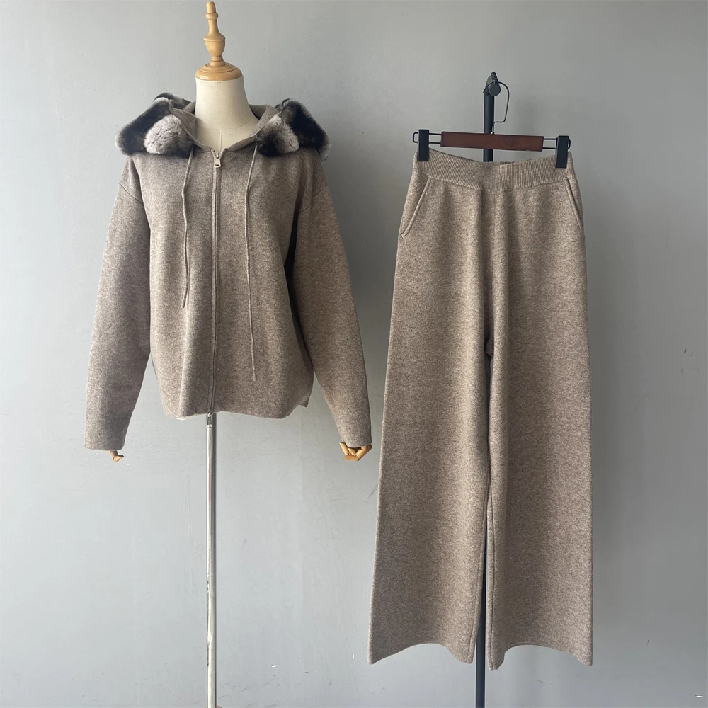 Luxyonuo Wool Blend Sweater Sets with Real Rex Rabbit Fur Zipper Knitted Cardigan and  Straight-leg Pants 2 Pieces Set Fall New