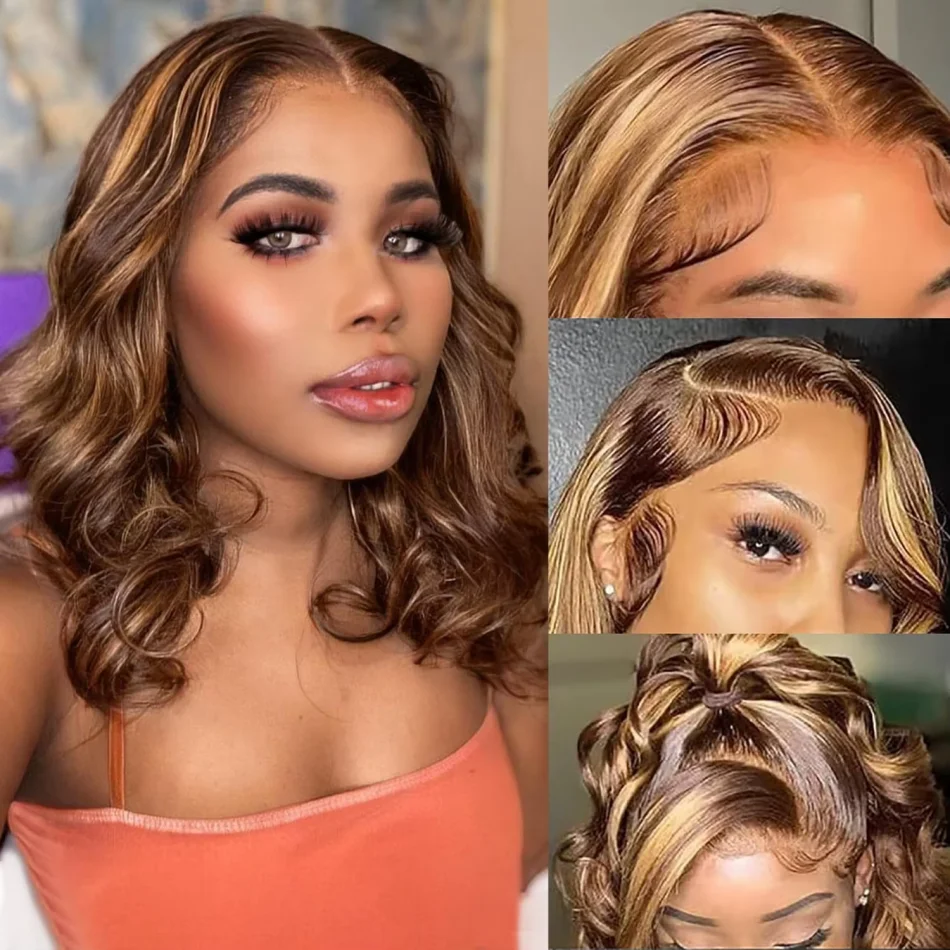 

Short Bob Wig Human Hair 100% Highlight Ombre Lace Front Wig Colored Honey Blonde 13X4Hd Lace Frontal Wig Preplucked 250 Density