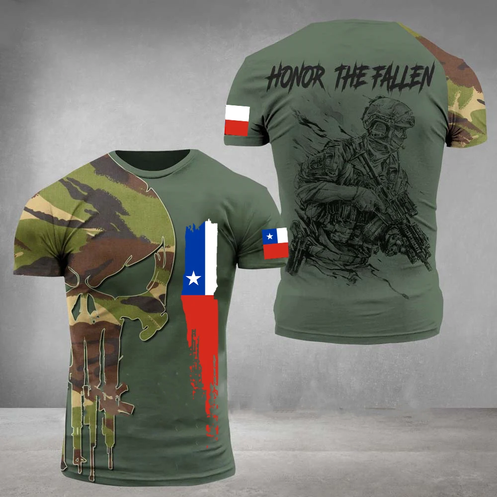 Chile Army T-Shirts For Men Flag Print Short Sleeve Veteran Soldier Print Vintage TShirt Oversized Women O Neck Tops Clothing