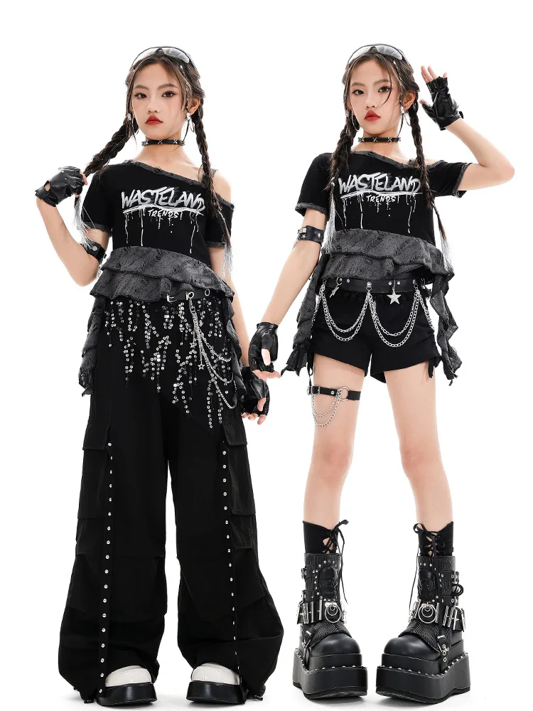 Girls Street Dance Clothes Slope-shoulder Top Baggy Pant Fashion Short Cheerleading Dance Performance Costume Group Hip Hop Suit
