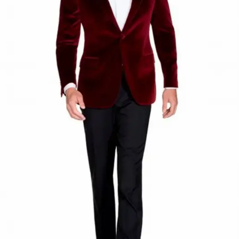 Two Pieces Men's Burgundy Velvet Blazer Black Pants  Wedding Suits One Button Peak Lapel Jacket Groom Tuxedos