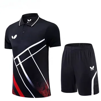 Custom a set of men's and women's table tennis quick drying T-shirt shorts breathable light badminton T-shirt lapel team custom