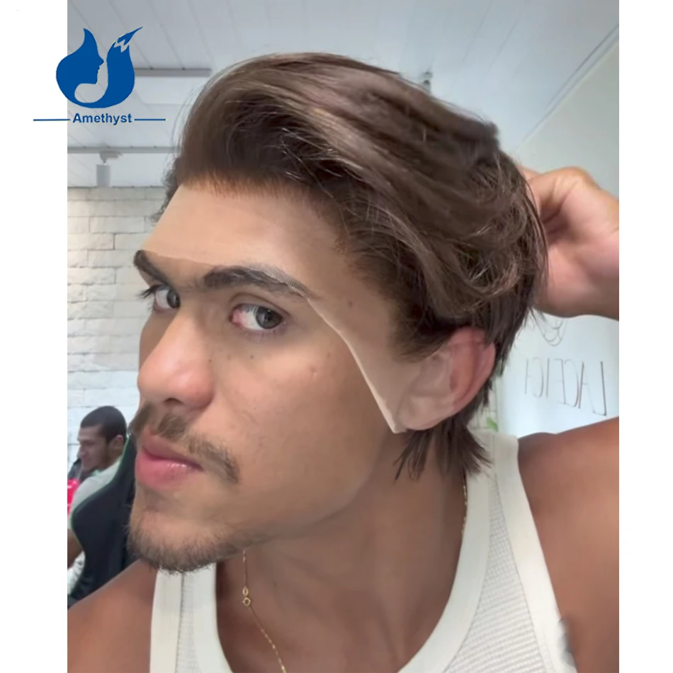 

Аметистовый прямой темно-коричневый мужской парик с боковой частью 13x6, парик спереди, человеческие волосы Remy, замена мужских волос, предварительно стилизованные # 2-цветный