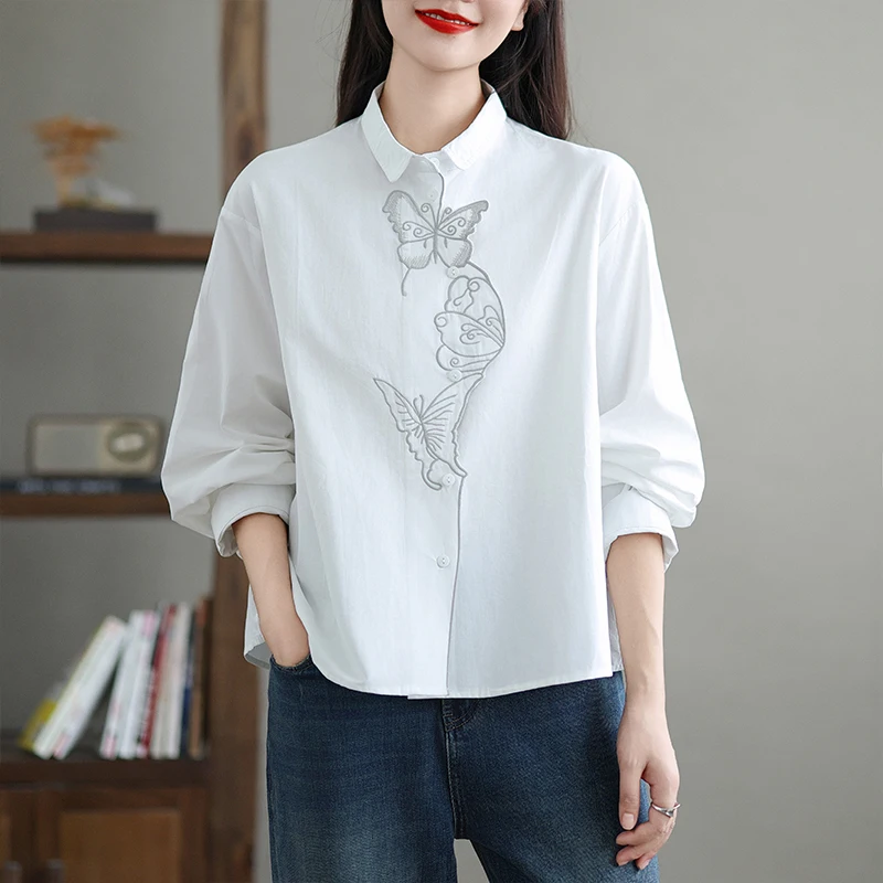 

Retro Embroidery Long Sve Women's irt Autumn Faion Age-Defng Base Layer Top Korean Sle Loose Fit Cotton
