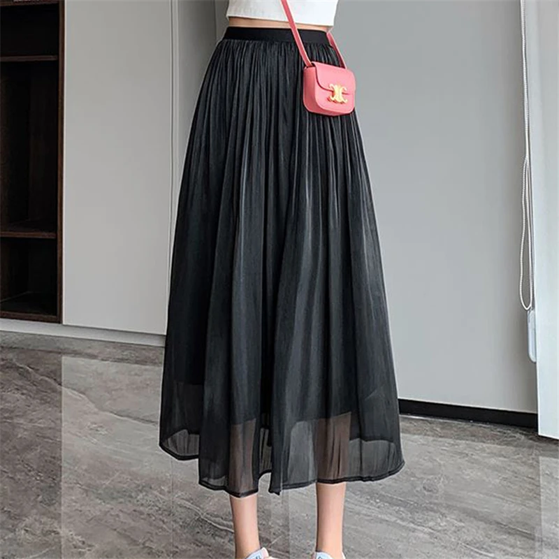 Women High Quality Bright Silk High Waist Pleated Elegant Large Swing Skirts 2023 Summer Fashion Solid Long A Line Skirt Faldas