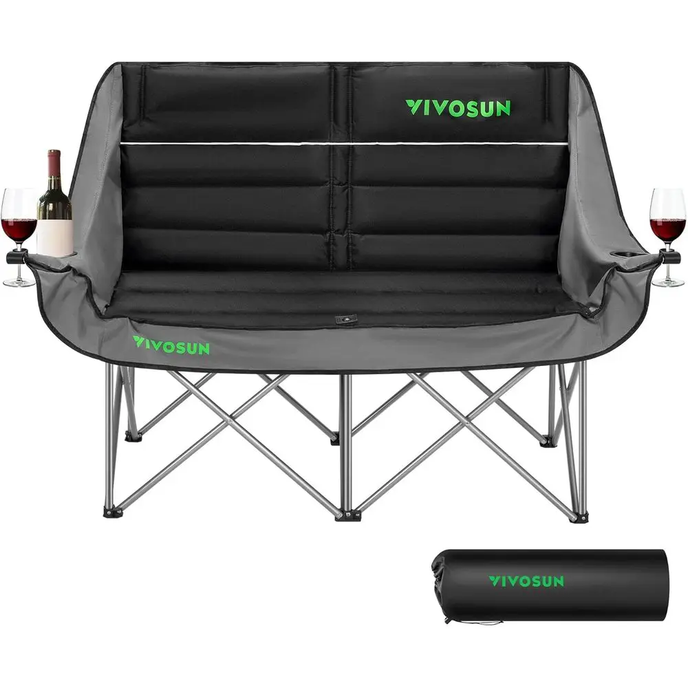 

Cushioned Double Camping Loveseat with Cup and Wine Glass Holders, Armrests, and Carry Bag