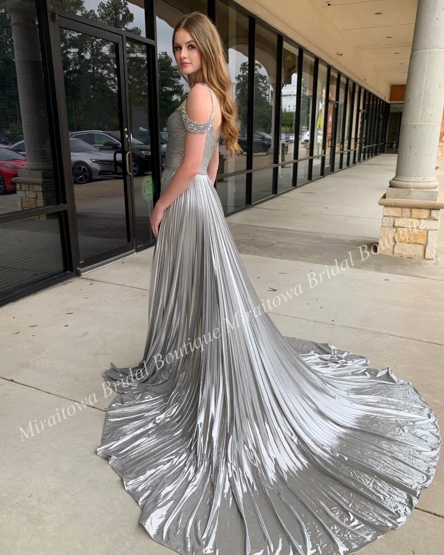 Gold Metallic Prom Dress Beaded Off-Shoulder Pleated Split Winter Formal Evening Party Gown Special Occasion Pageant Gala Oscar