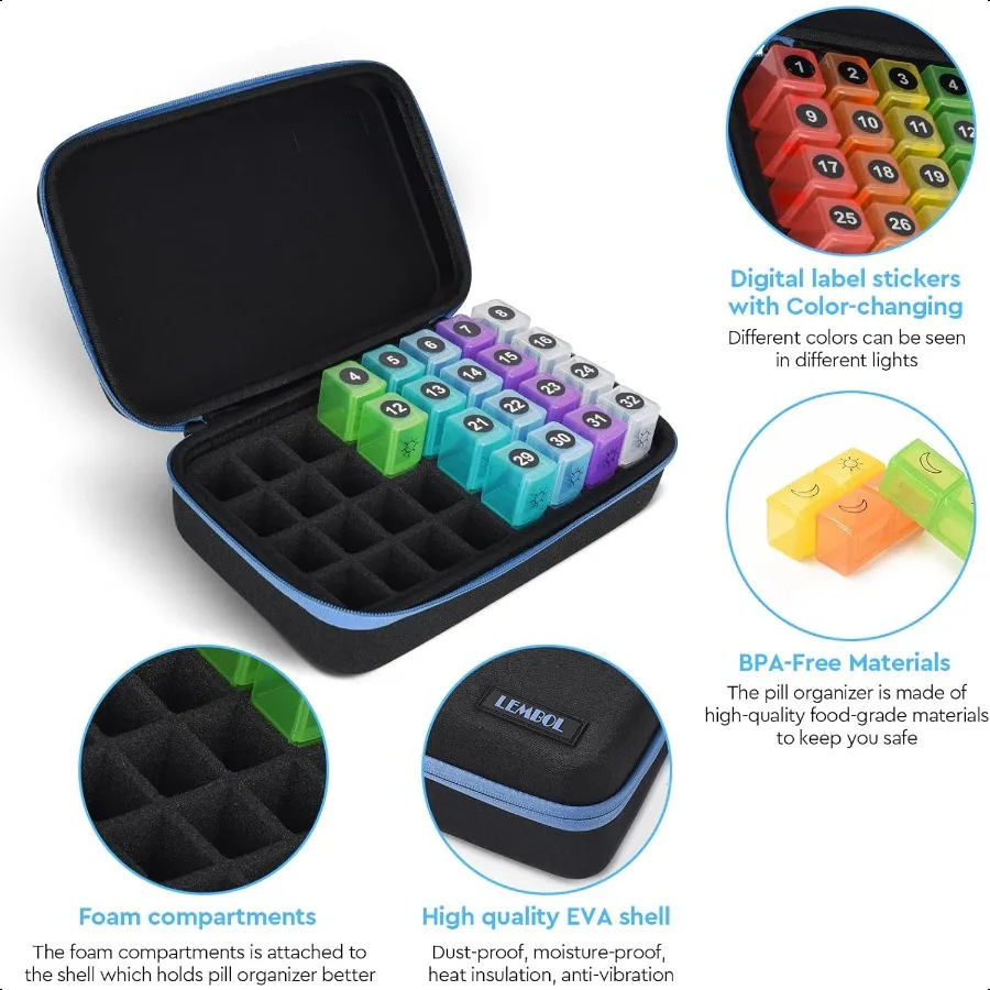 Monthly Pill Organizer 2 Times a Day 30 Day Pill Organizer Box AM PM with Weekly Pill Bag 32 Daily Large Compartments 1 Month P