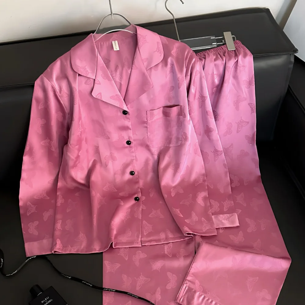 Newest Women Jacquard Nightwear Home Wear Chemise Long Sleeves Shirt&pants Pyjamas Suit Loungewear Luxury Comfy Silk Sleepwear