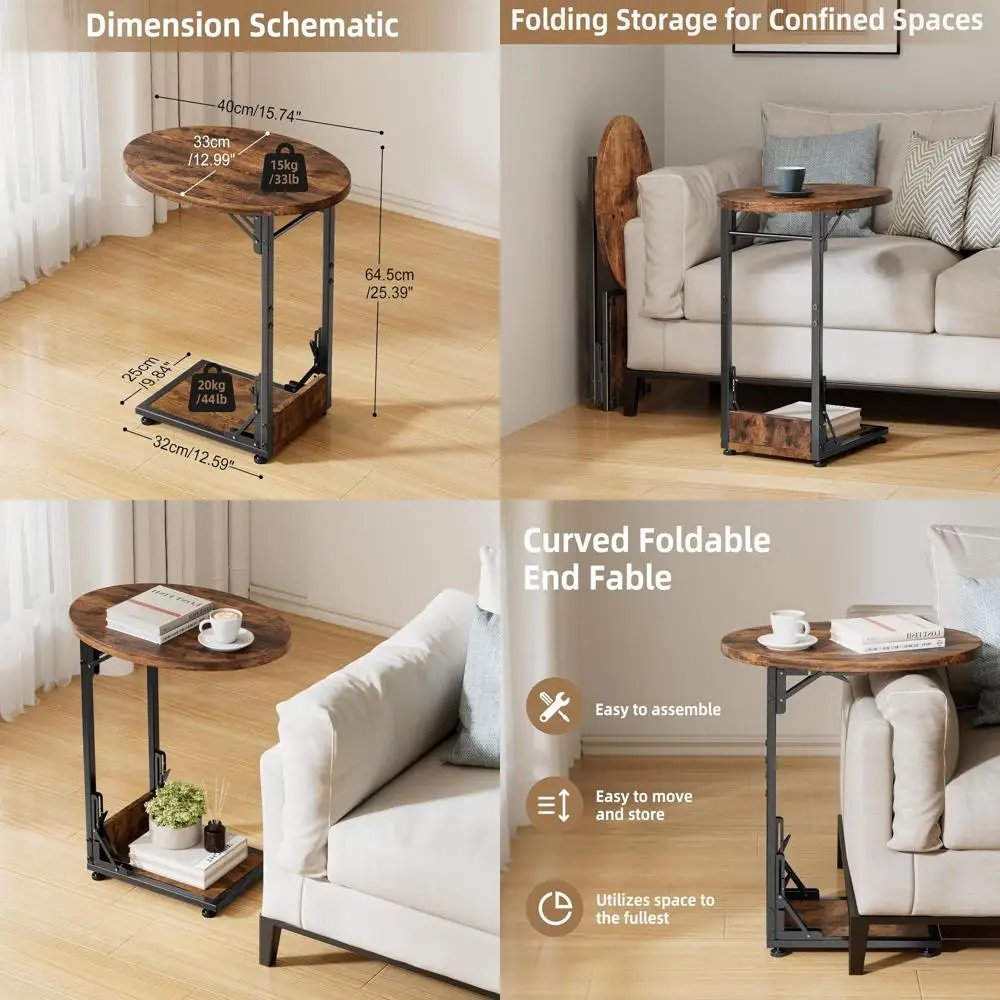 

Vintage Wood-Tone Metal Frame Side Table, Compact C-Shaped TV Stand for Sofa, Living Room, Bedroom, and Small Spaces