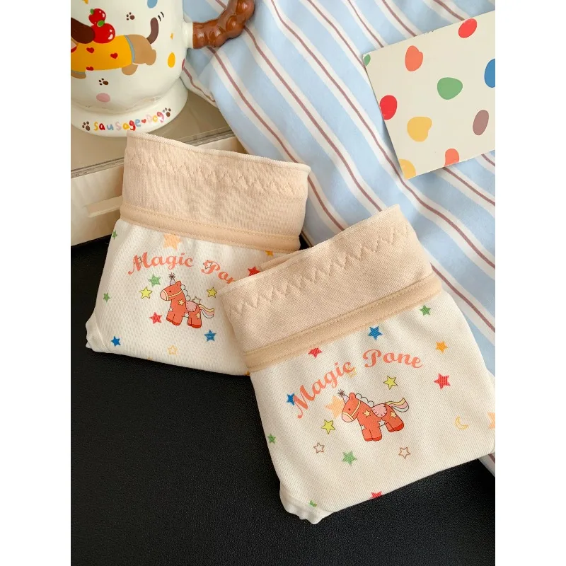 Cute Cartoon Bear Star Print Women Cotton Panties Blue Lace Trim Mid-rise Antibacterial Soft Anti-chafing Girls Brief Underwear