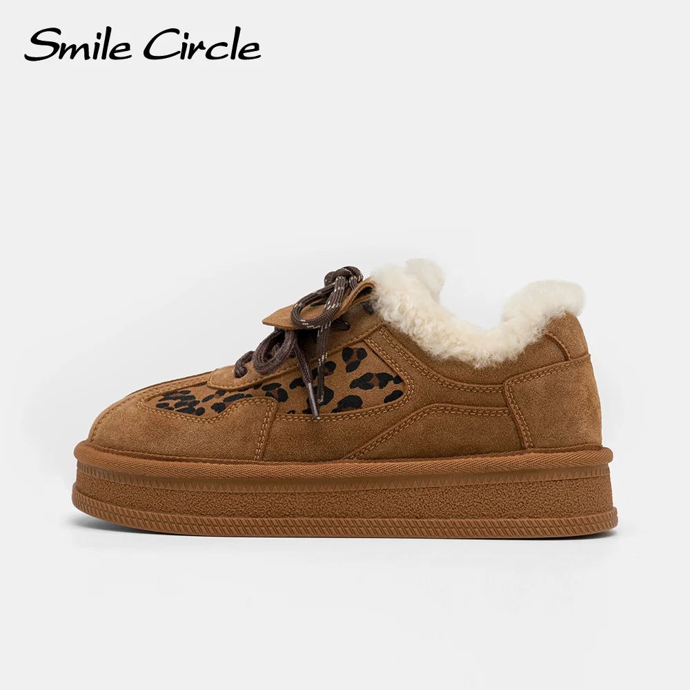 Smile Circle Winter platform Shoes Women Leopard Print Suede Leather Shoes Fashion Warming fur Casual Shoes