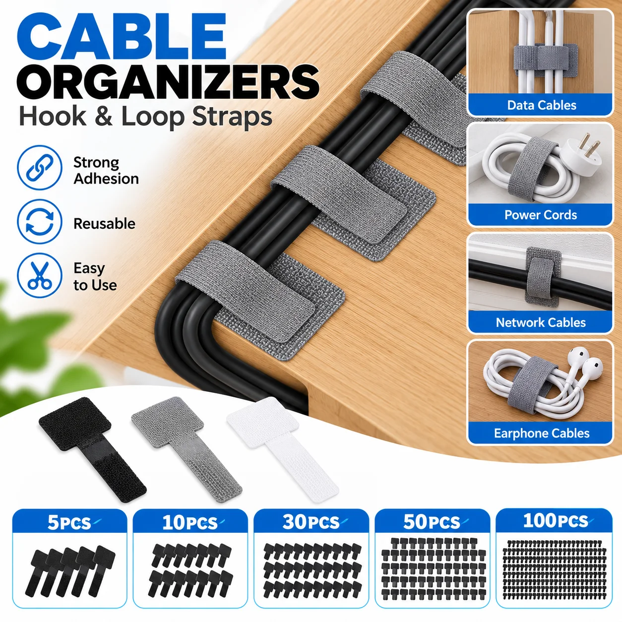 5/10/30/50/100PCS Self Adhesive Reusable Cable Ties Adjustable Hook Loop Cord Organizer Straps for Desk Home Office Management