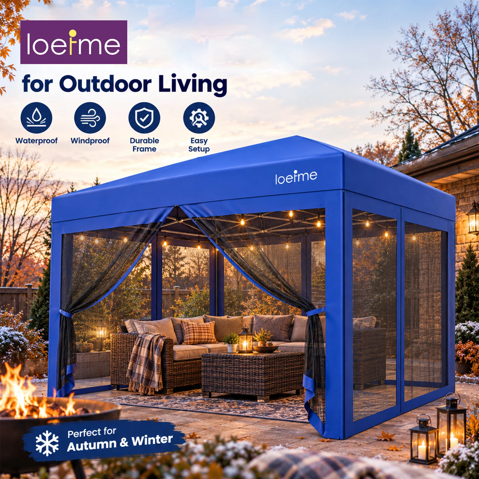 LOEFME, gazebo pieghevole 3x3 m, tenda con tetto impermeabile e pareti interamente in rete, riparo portatile per esterni, ideale per giardini, campeggio, mercati e bancarelle, con protezione dai raggi