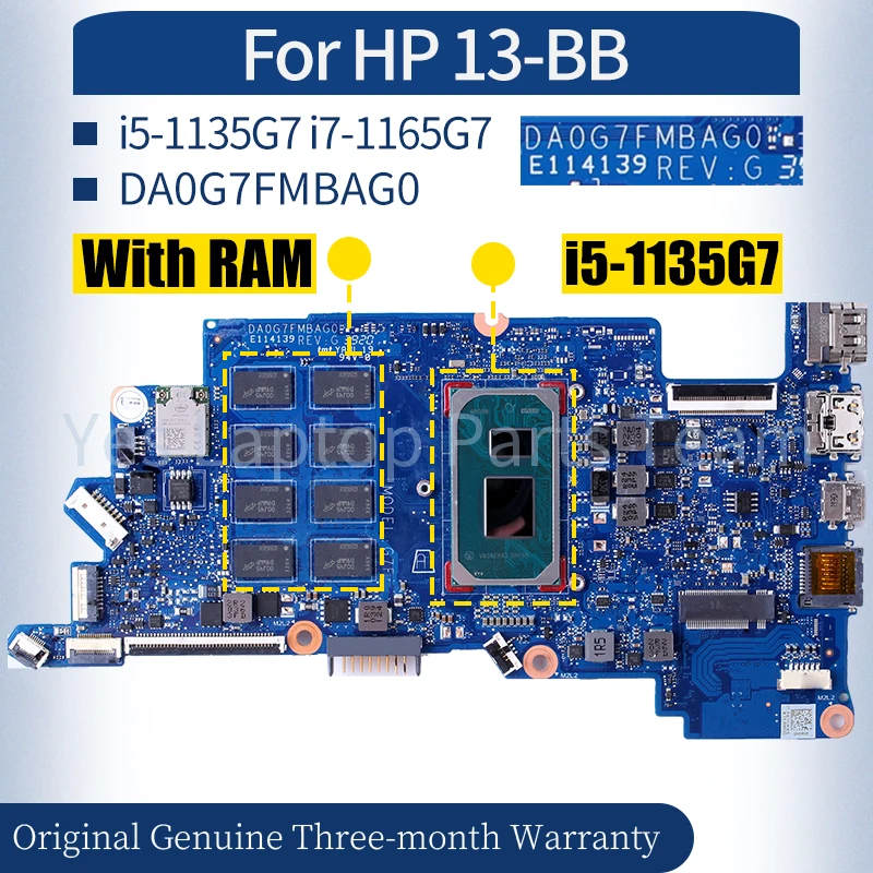 DA0G7FMBAG0 For HP Pavilion 13-BB Laptop Mainboard i5-1135G7 i7-1165G7 With RAM Notebook Motherboard 100％ Tested