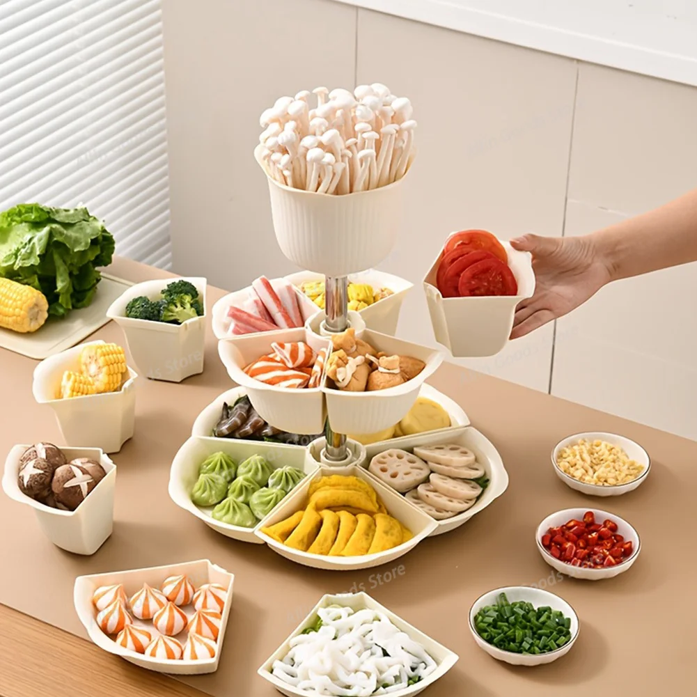 360 Rotating Buffet Platter Multi-Layer Hot Pot Plate with Dried Fruit Storage Vegetable and Fruit Display for Family Meal Prep