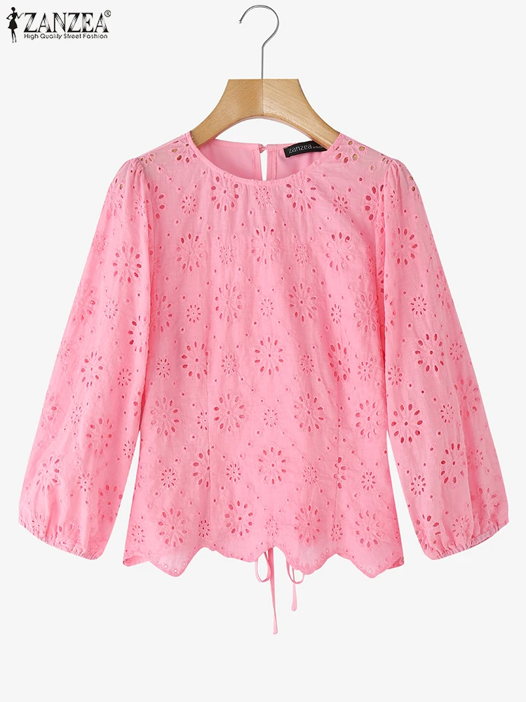 ZANZEA Fashion Women Lace Tops 2025 Summer Cotton Blouse Asymmetrical Hem Casual Loose Shirts 3/4 Puff Sleeve Blusas Femininas