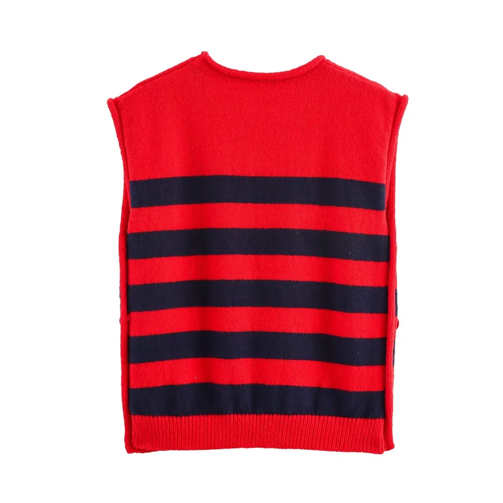 Top ampio lavorato a maglia da donna, girocollo, senza maniche, a righe, con bottoni laterali, canotta lavorata a maglia alla moda autunno/inverno